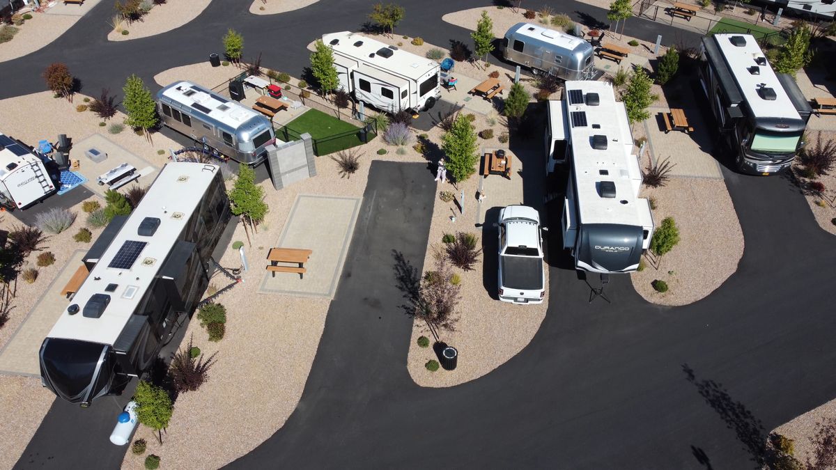 Aerial view of RVs parked in a campground