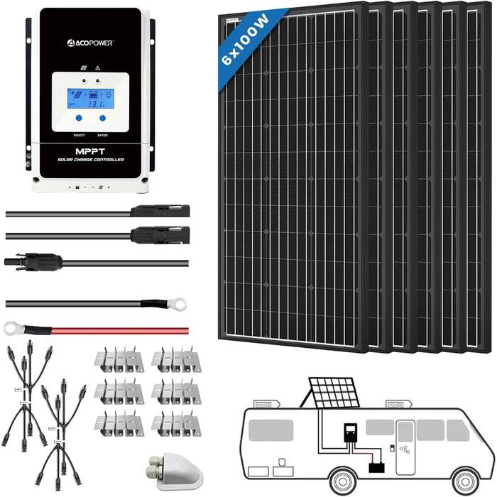 ACOPOWER 600W solar panel kit with six 100W rigid panels and 50A MPPT controller